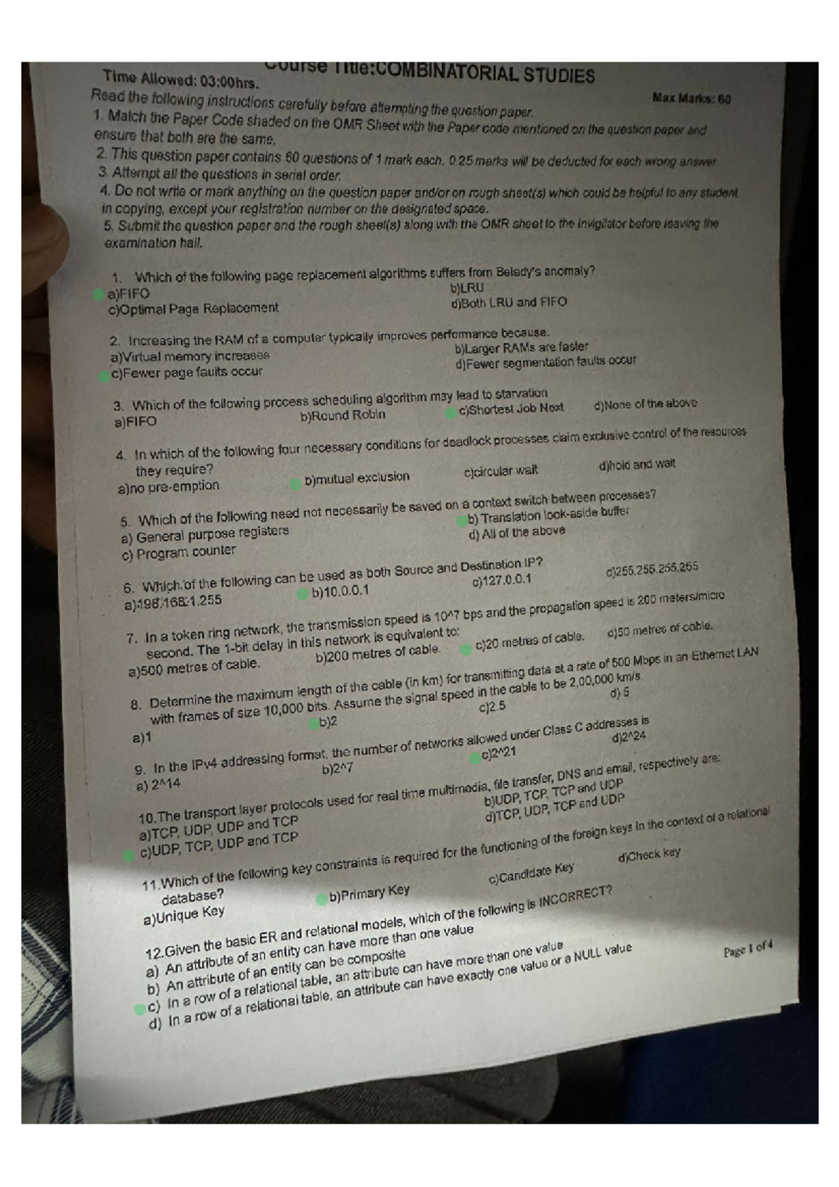 THE:COMBINATORIAL STUDIES Previous Year ETE Question Paper - Document Preview