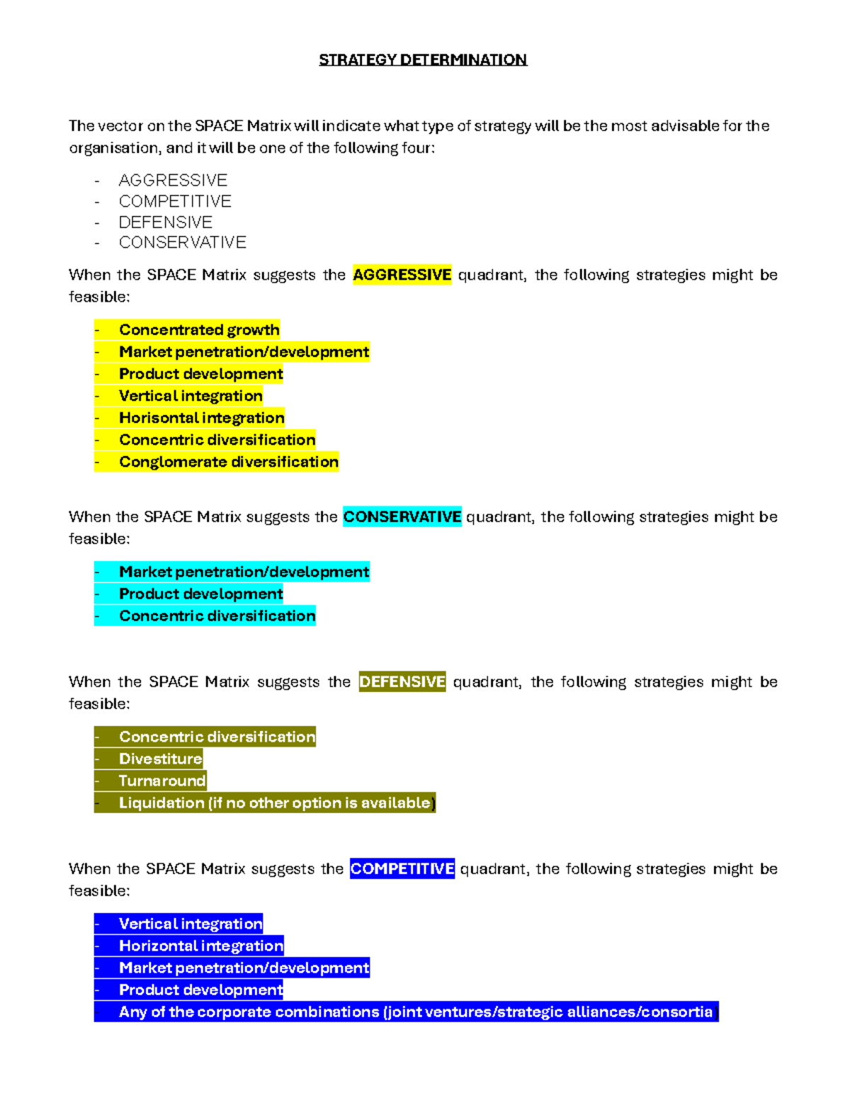 Space Matrix Strategy Determination - STRATEGY DETERMINATION The vector ...