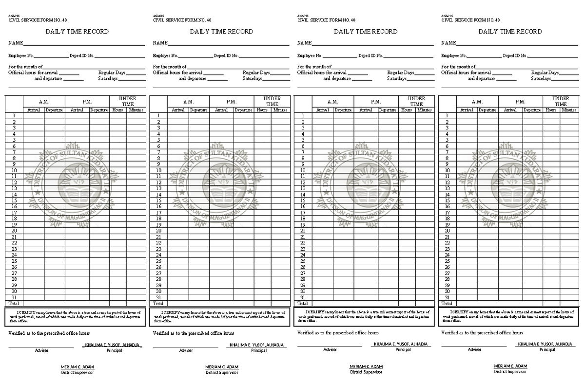 Daily Time Record (DTR) - Modified Format for AGM/Civil Service - Studocu