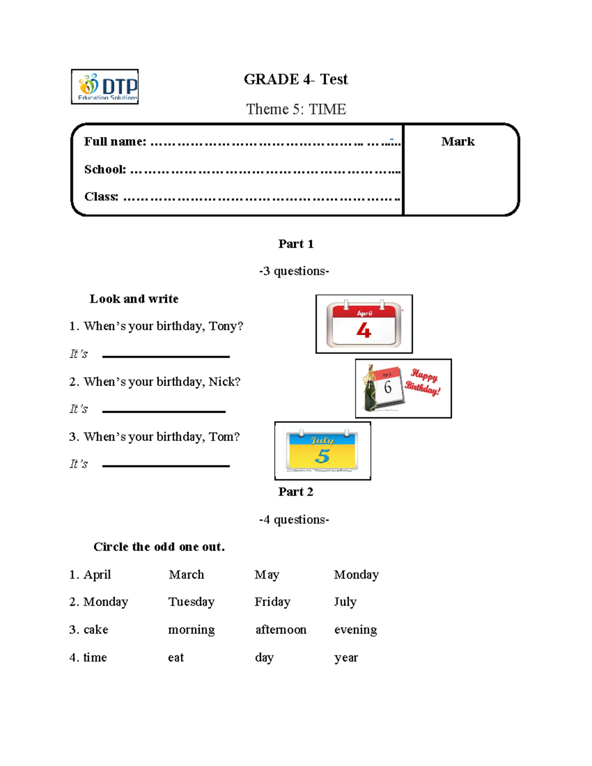DTP-Grade 4- Theme 5- Time Reading & Writing Test Guide - Studocu