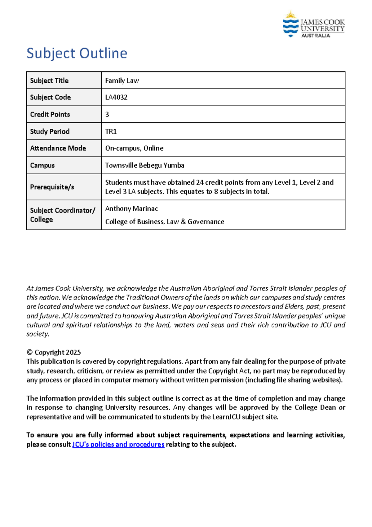 Subject Outline 2025 LA4032 TSV TR1 CAM ONL - Subject Outline Subject ...