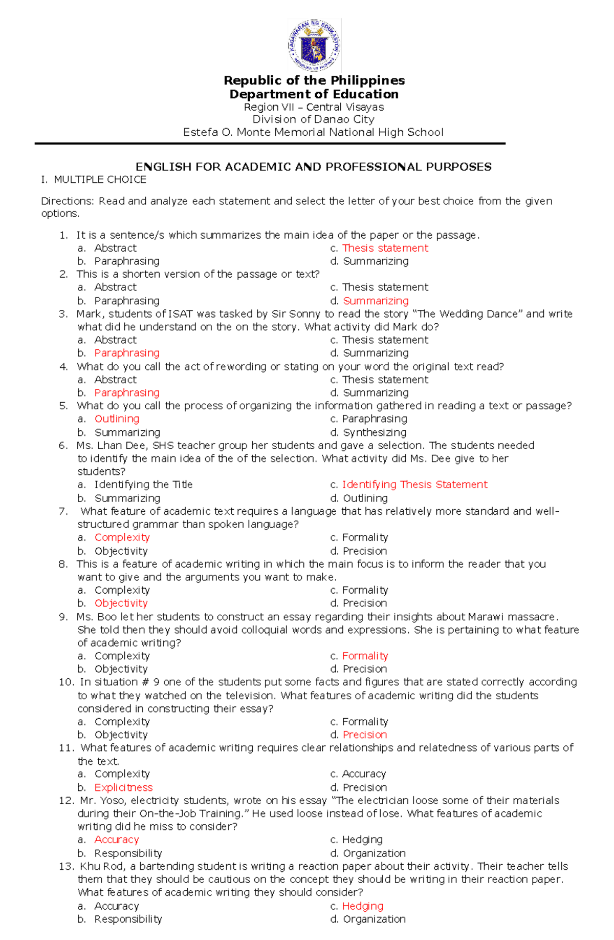 EAPP English for Academic & Professional Purposes Pre-Test Questions ...