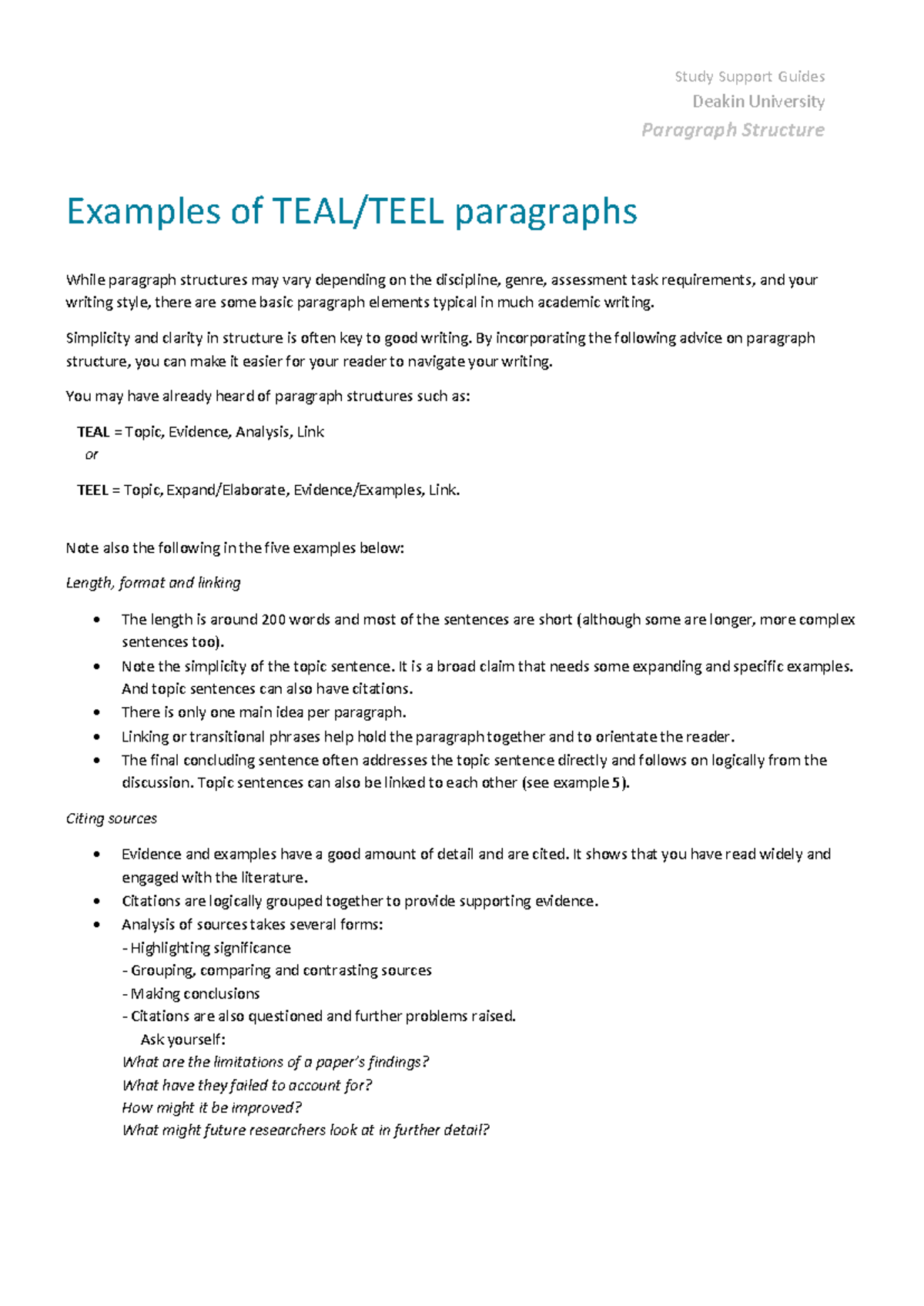 Examples of Paragraph Structures - Deakin Study Support Guide - Studocu