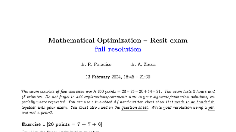 Mathematical Optimization Resit Exam Solutions (MATH 2024) - Studeersnel