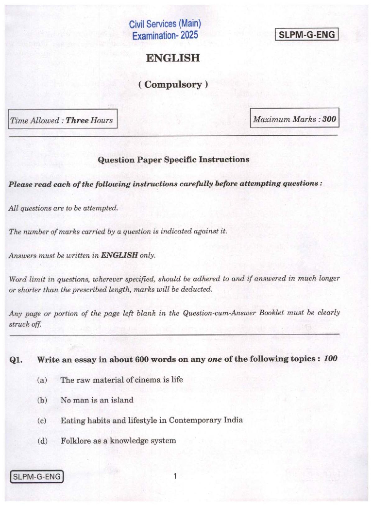 English (Compulsory) Question Paper - Civil Services Main 2025 - Studocu