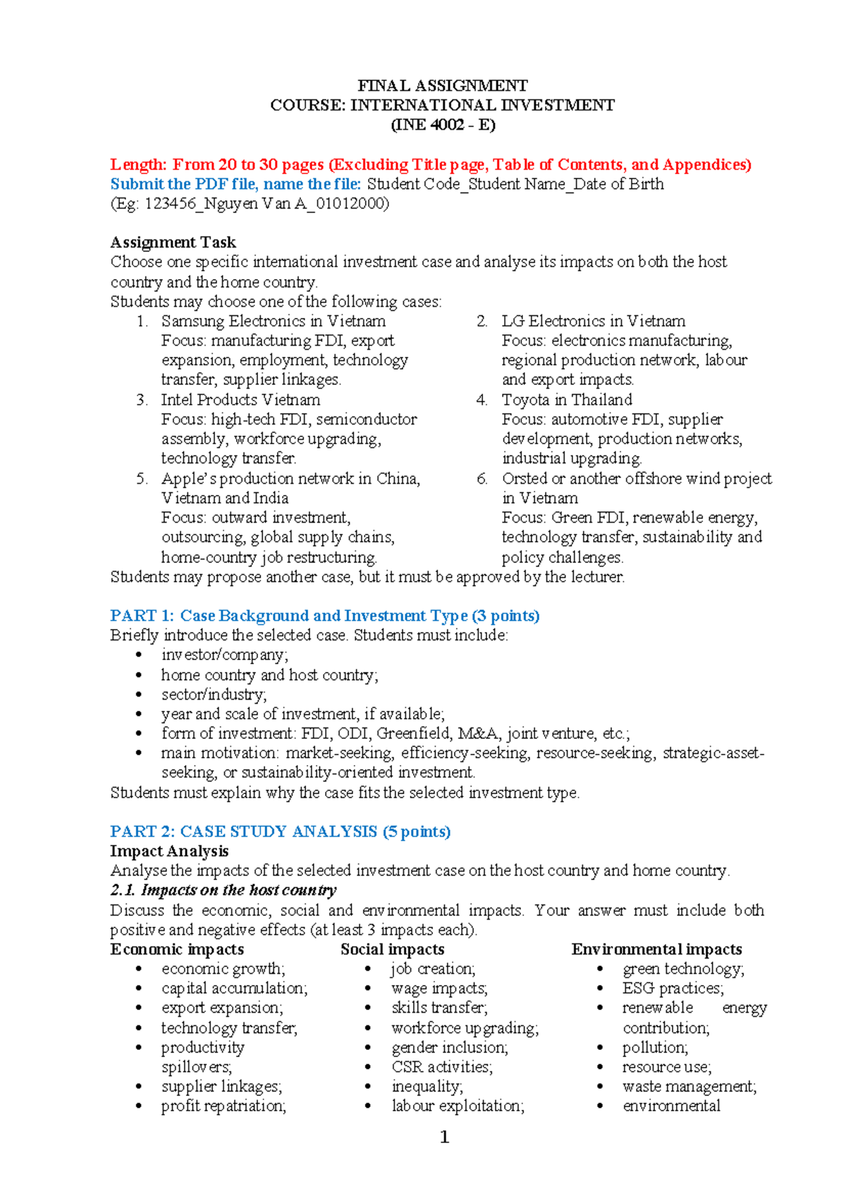 Final Assignment: International Investment Case Study (INE 4002 E ...