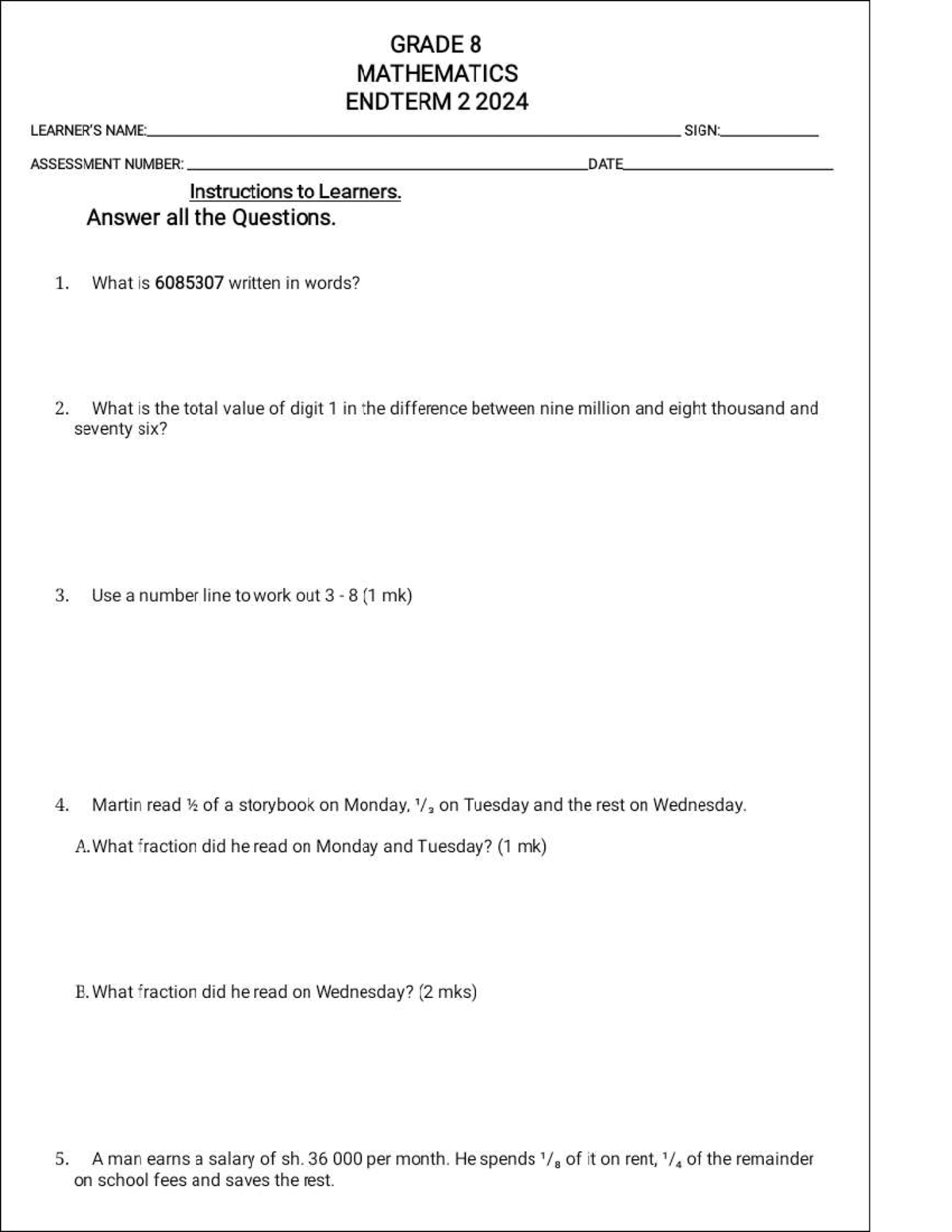 G8 Mathematics End Term 2 Exam 2024: Assessment Questions - Studocu