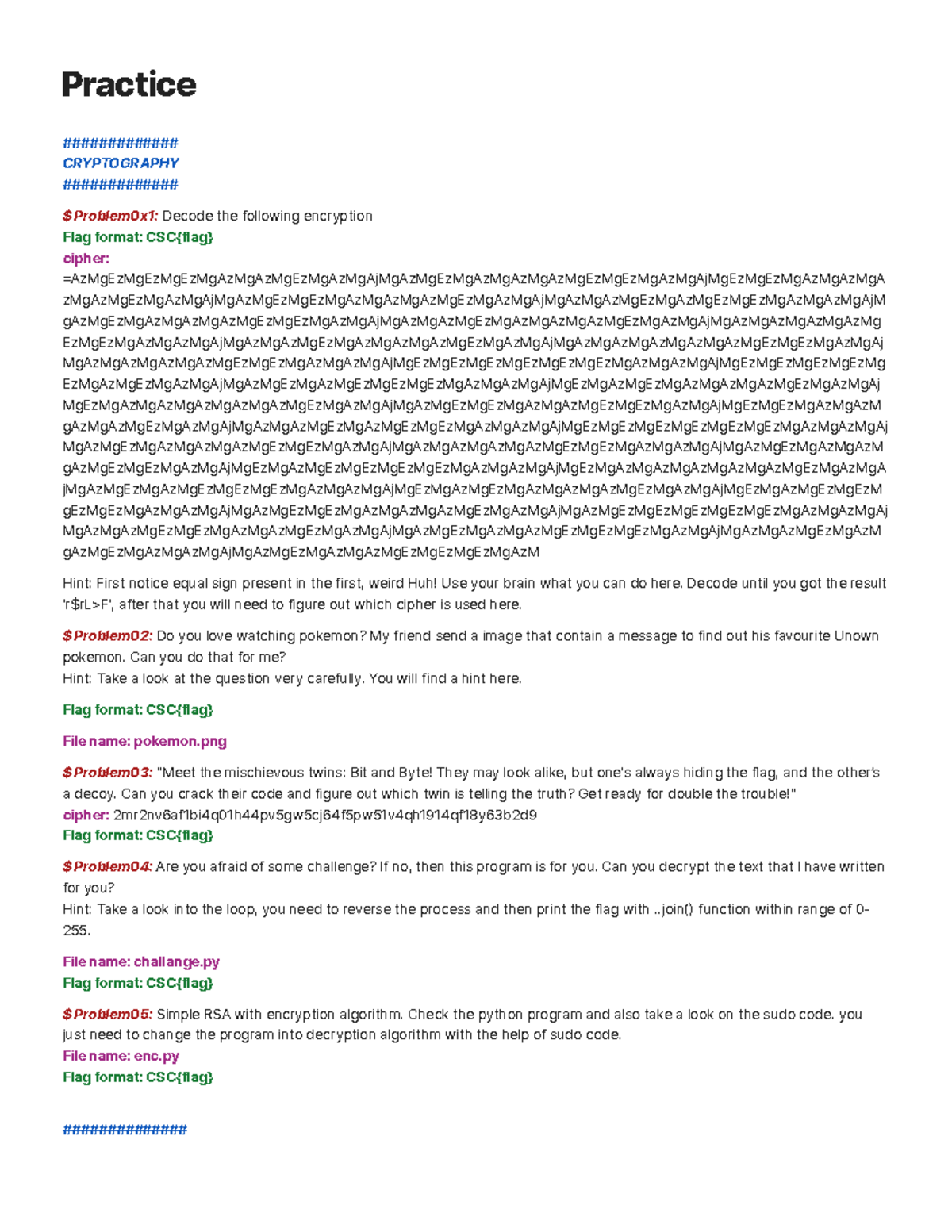 CSC Cryptography Problem Set: Decode Various Ciphers - Studocu