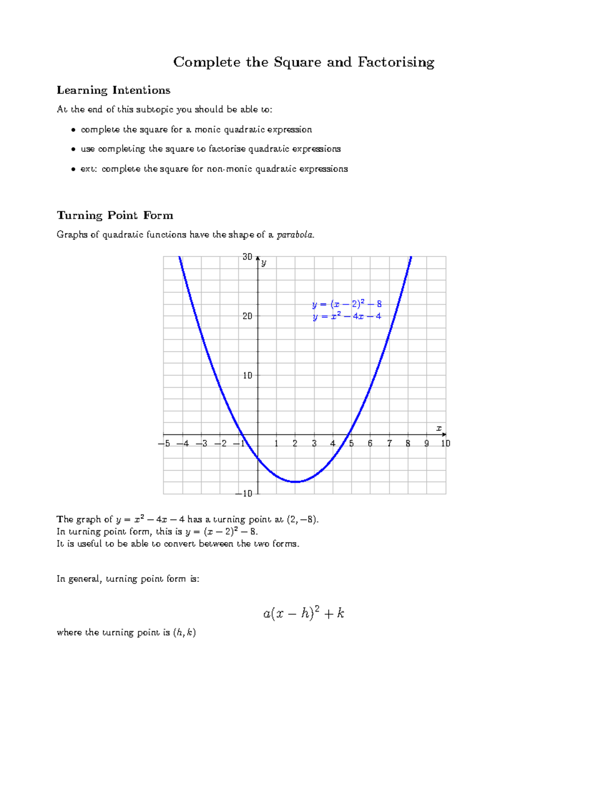 Complete Square Notes: Factorising & Turning Point Form - Studocu