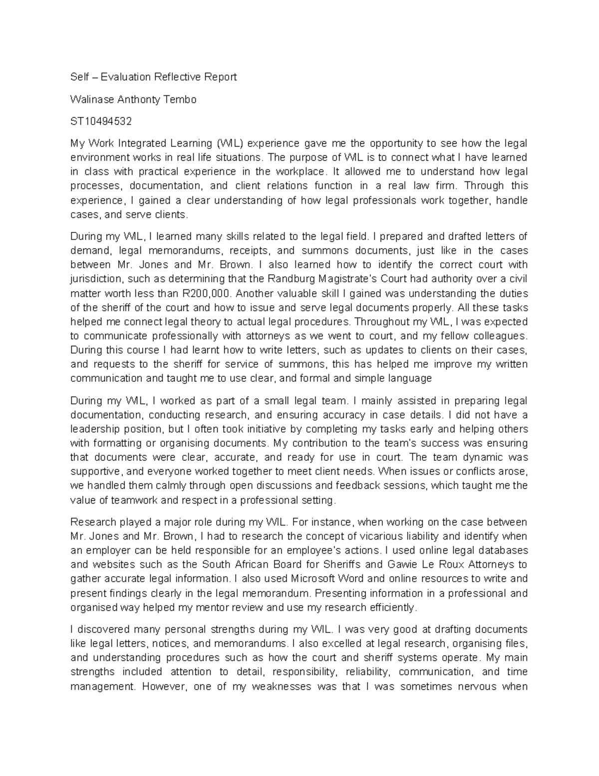 Self-Evaluation Reflective Report on WIL Experience - ST10494532 - Studocu