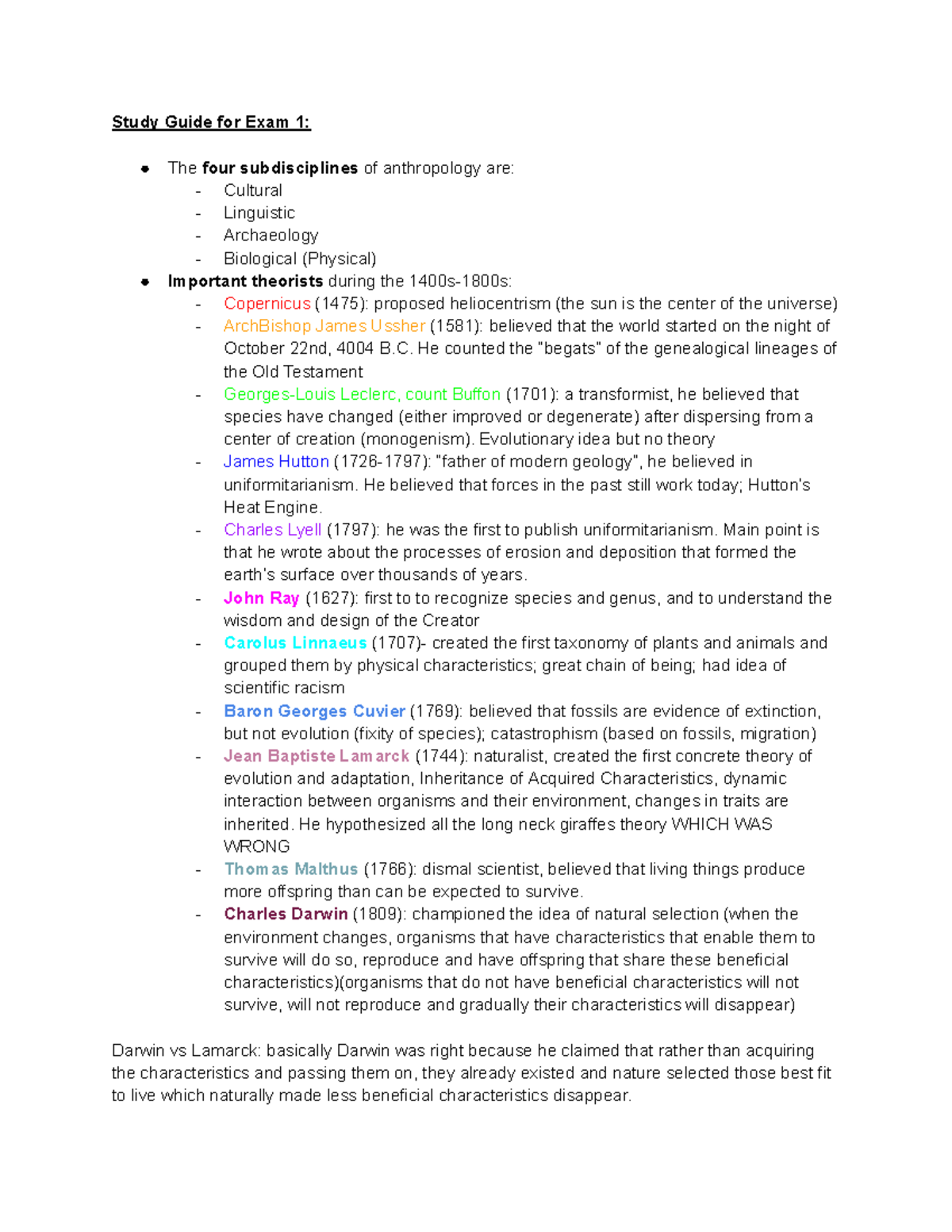 Anthropology 101: Study Guide for Exam 1 on Evolution & Genetics - Studocu