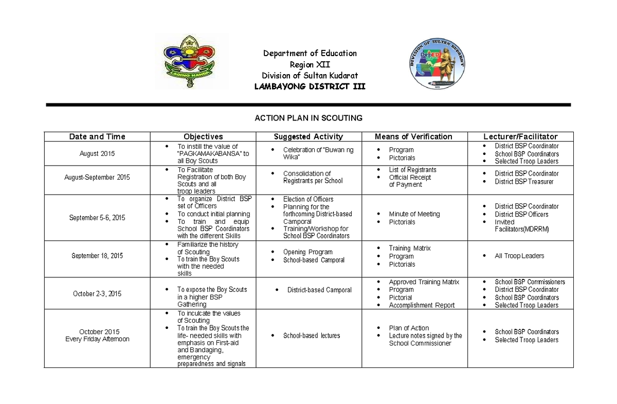 Action Plan for Scouting Activities in Lambayong District III - Studocu
