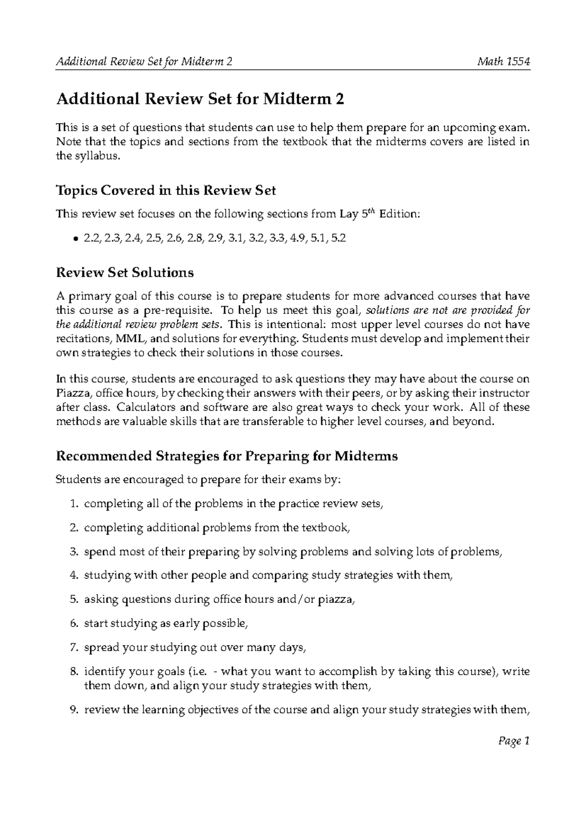 Additional Review Set for Midterm 2 - Math 1554 Study Guide - Studocu