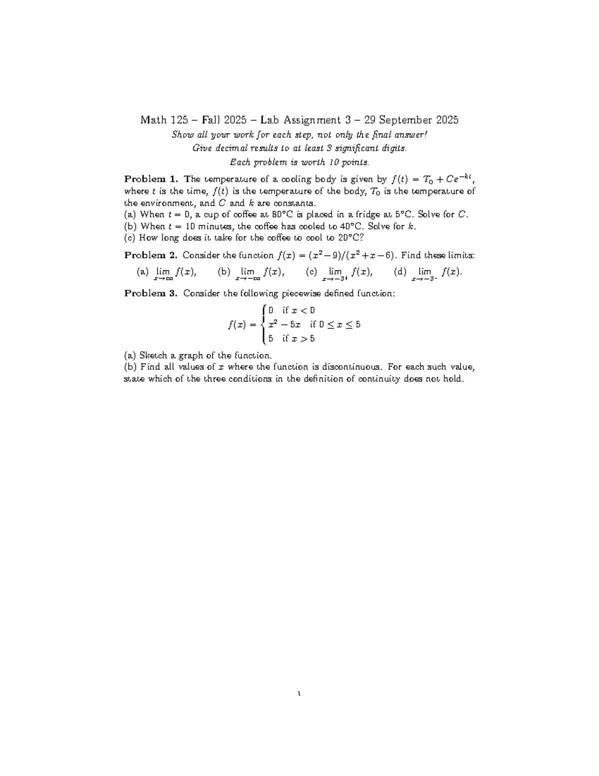 Math 125 Fall 2025 Lab Assignment 3: Cooling Body & Limits - Studocu