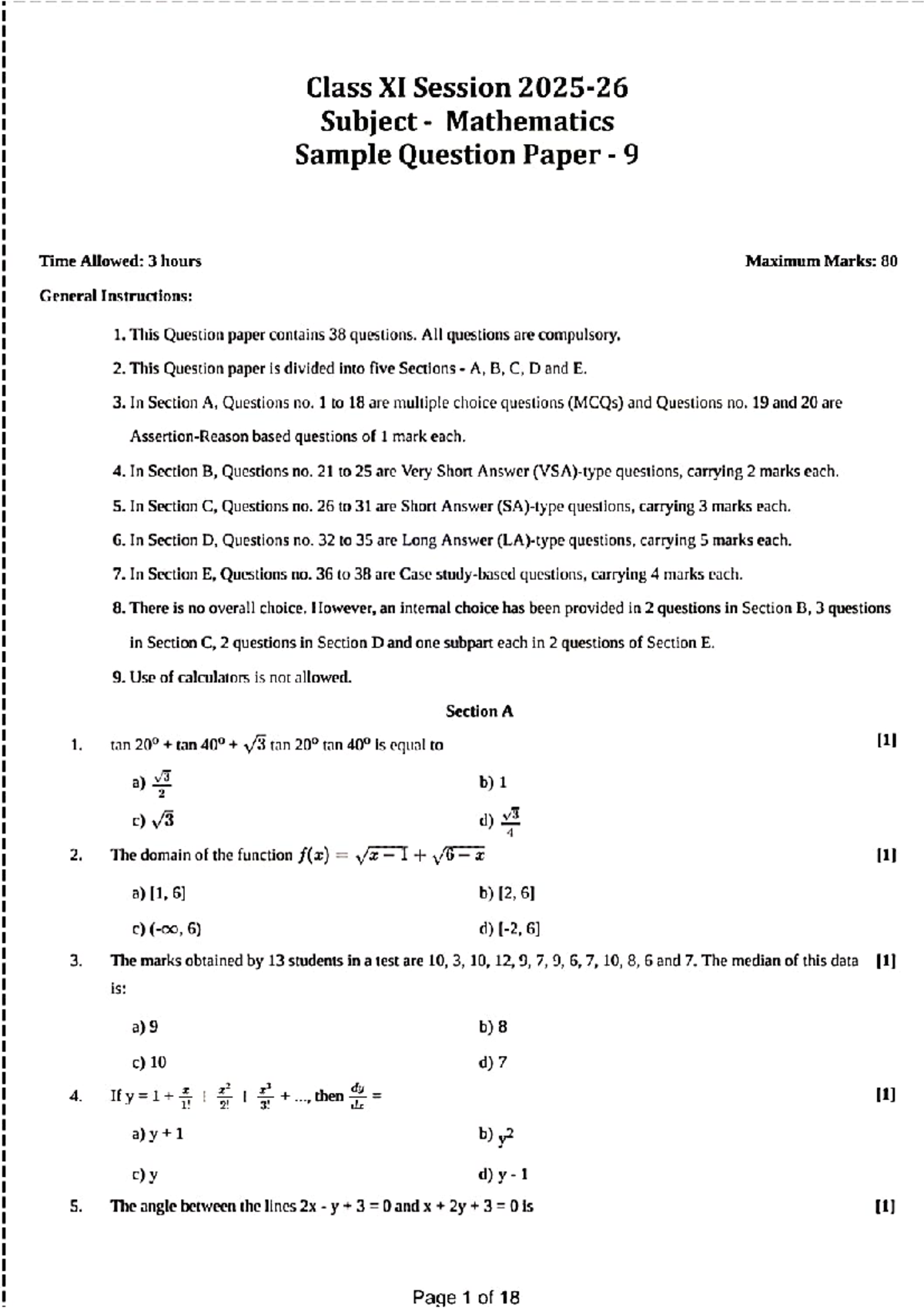 Class XI Mathematics Sample Question Paper - Newmmaths 2 - IMP - Studocu