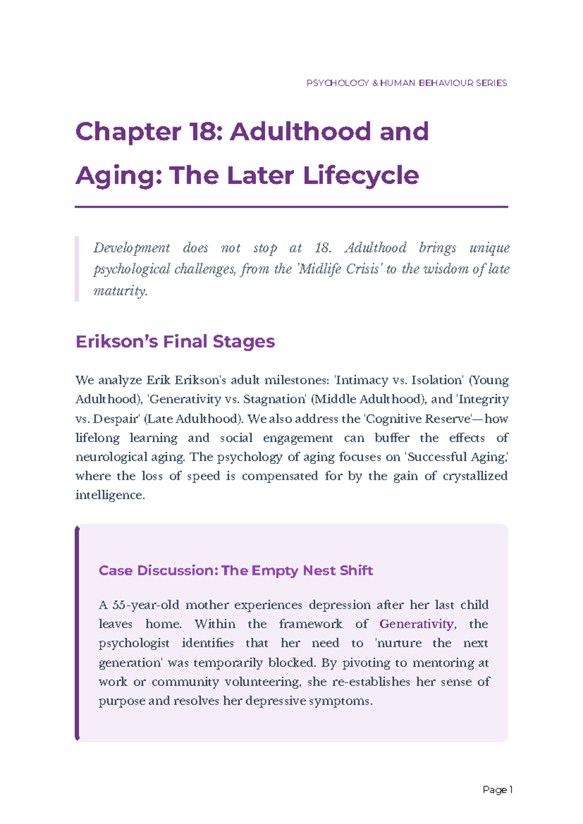 PSY 101: Psychology Series Chapter 18 - Adulthood & Aging Insights ...