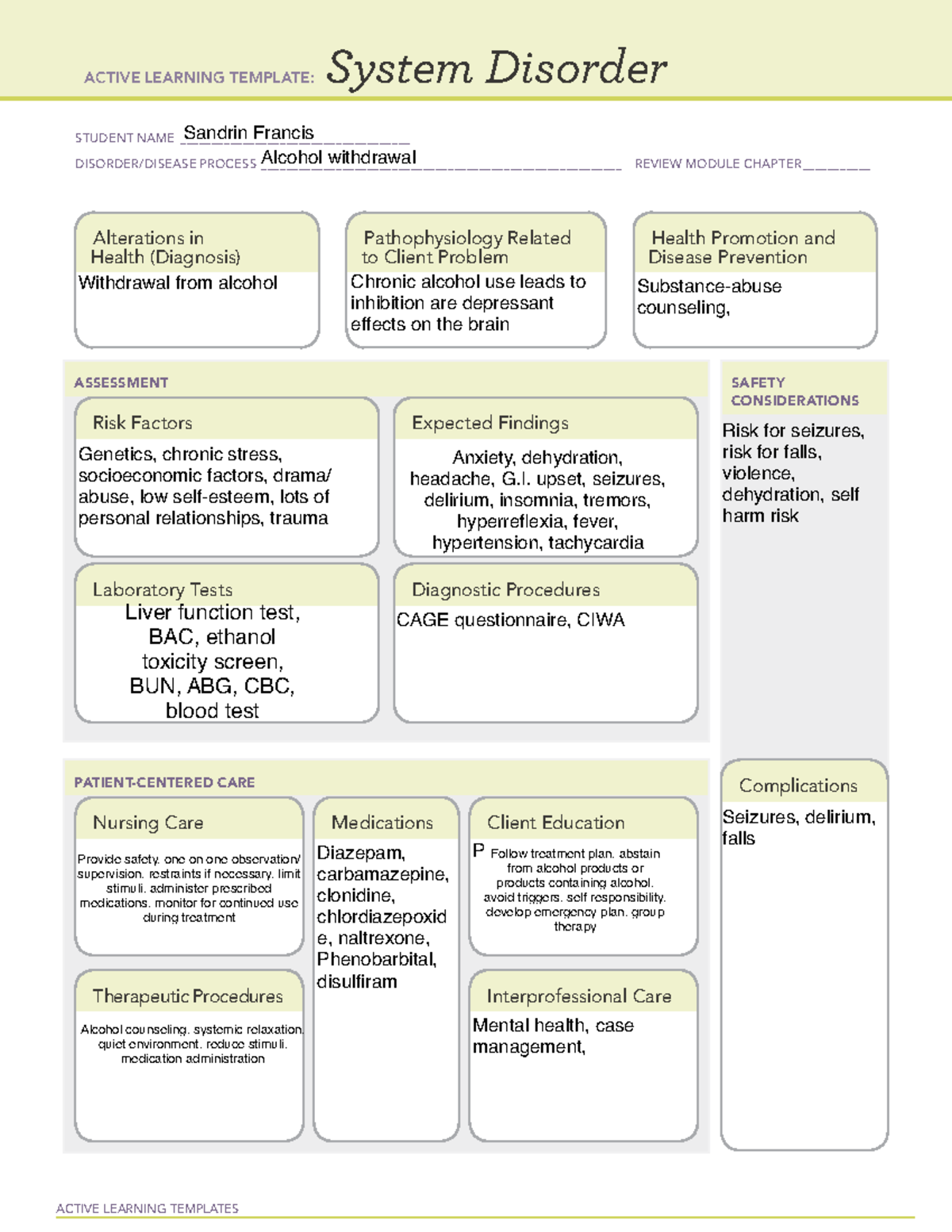 ATI System Disorder Active Learning Template: Alcohol Withdrawal - Studocu
