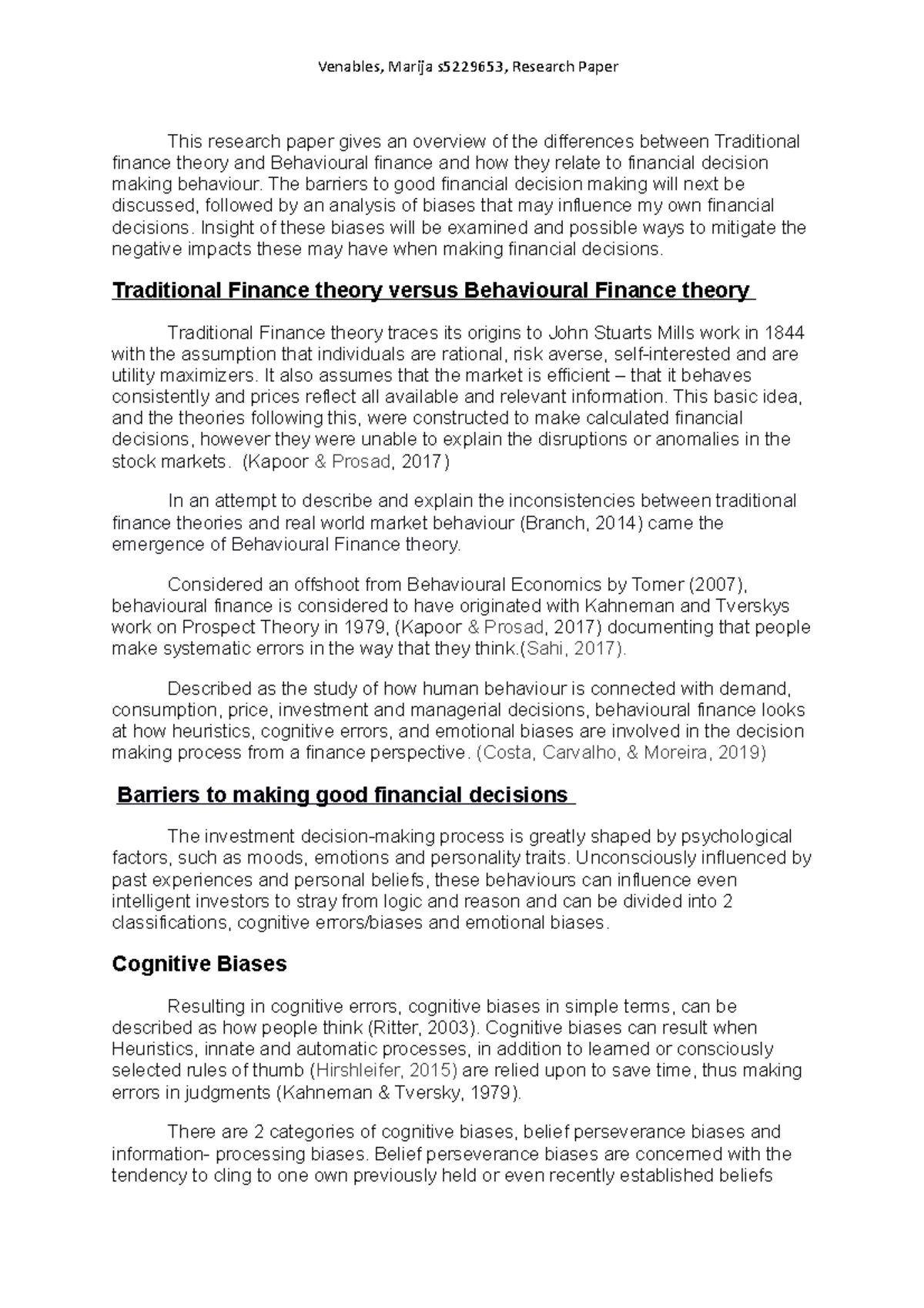 Research Paper Traditional Finance theory versus Behavioural Finance ...