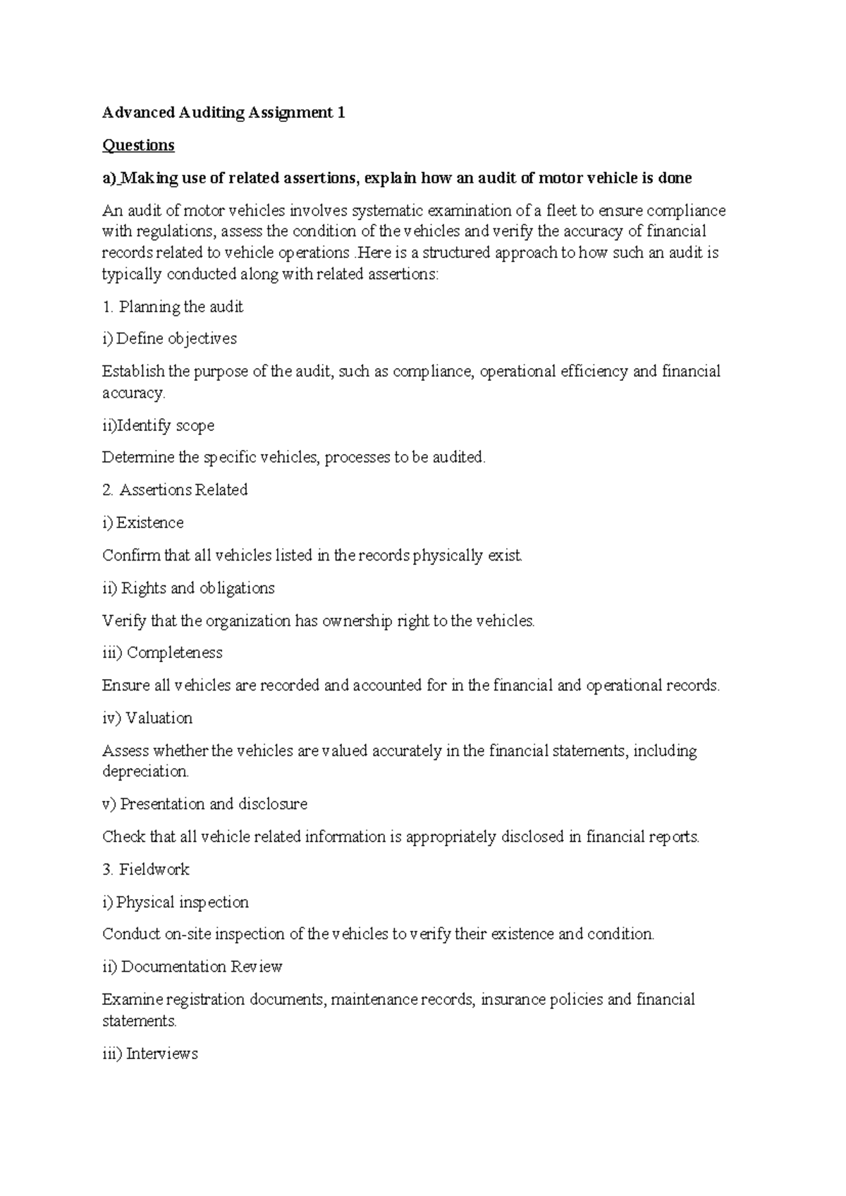 Advanced Auditing (AUD 301) Assignment 1: Motor Vehicle Audit Process ...