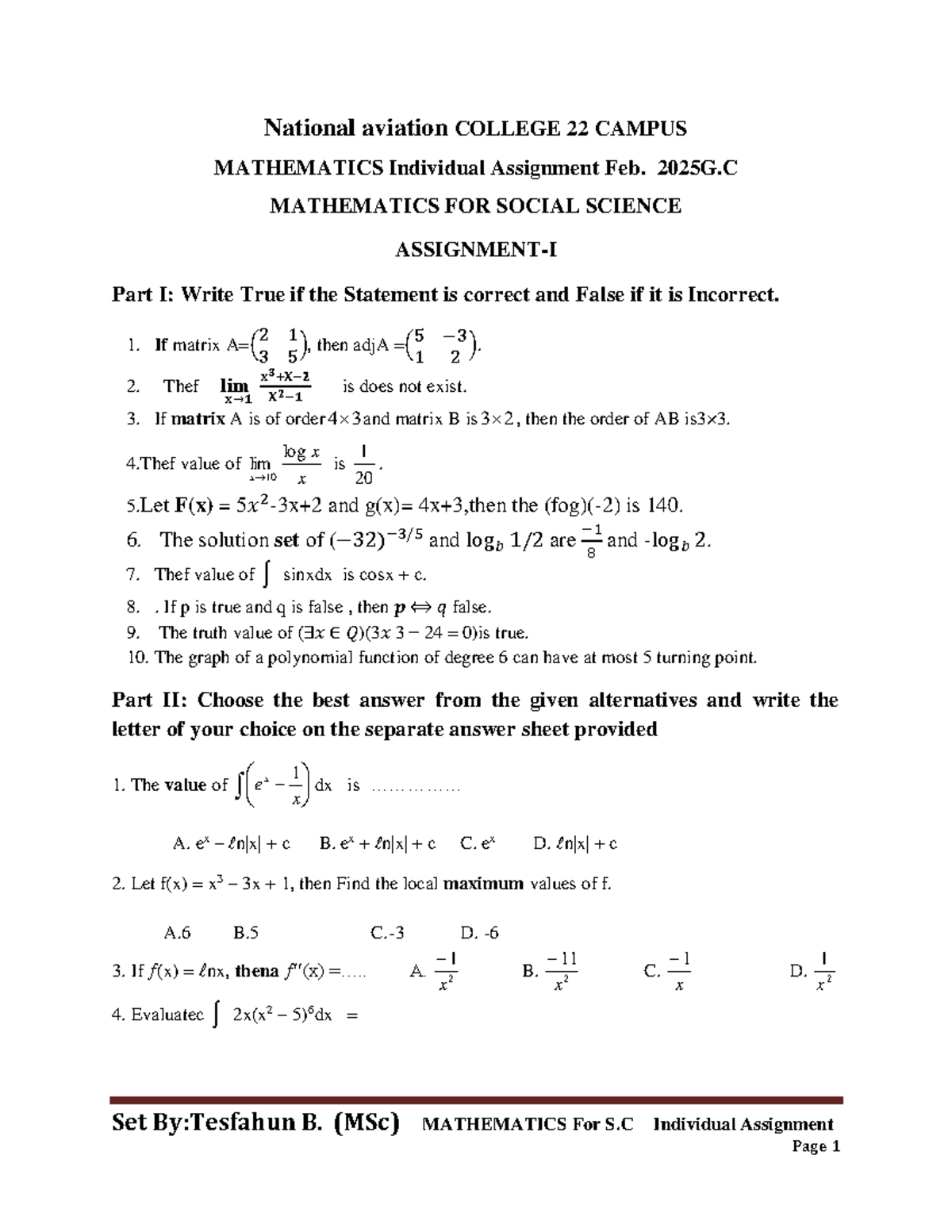 Mathematics for Social Science (MSc) Individual Assignment - Feb 2025 ...