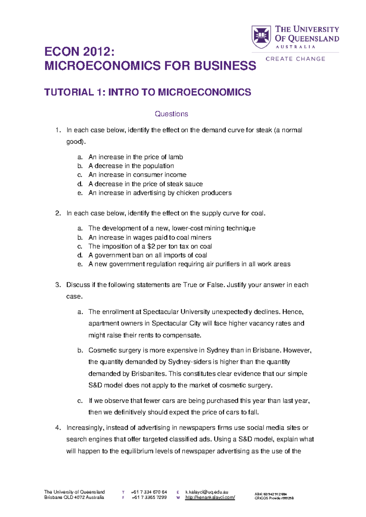 ECON 2012 Final Exam Tutorial 1: Intro to Microeconomics Problems - Studocu