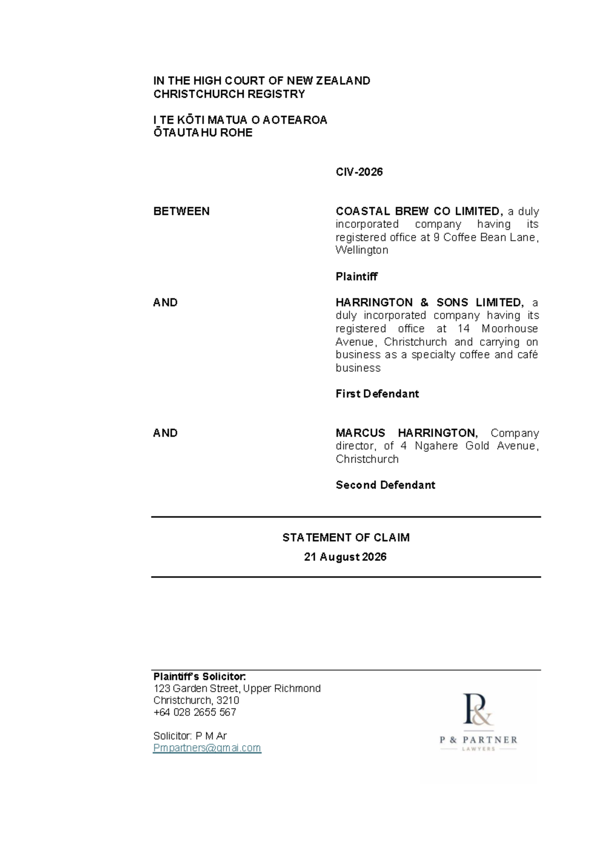 Civil Procedure Assignment 1: Coastal Brew Co Ltd v Harrington Sons Ltd ...