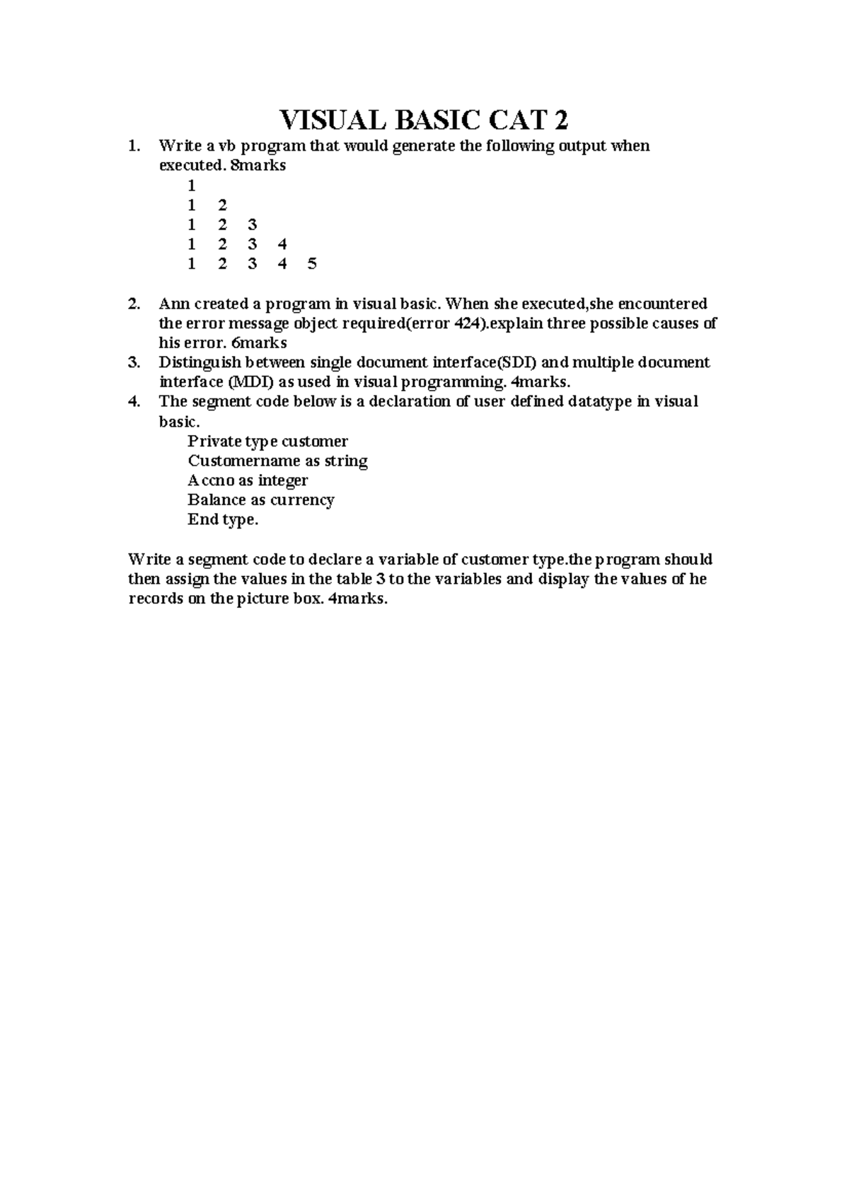 Visual Basic CAT 2: Program Output, Error Causes & Data Types - Studocu
