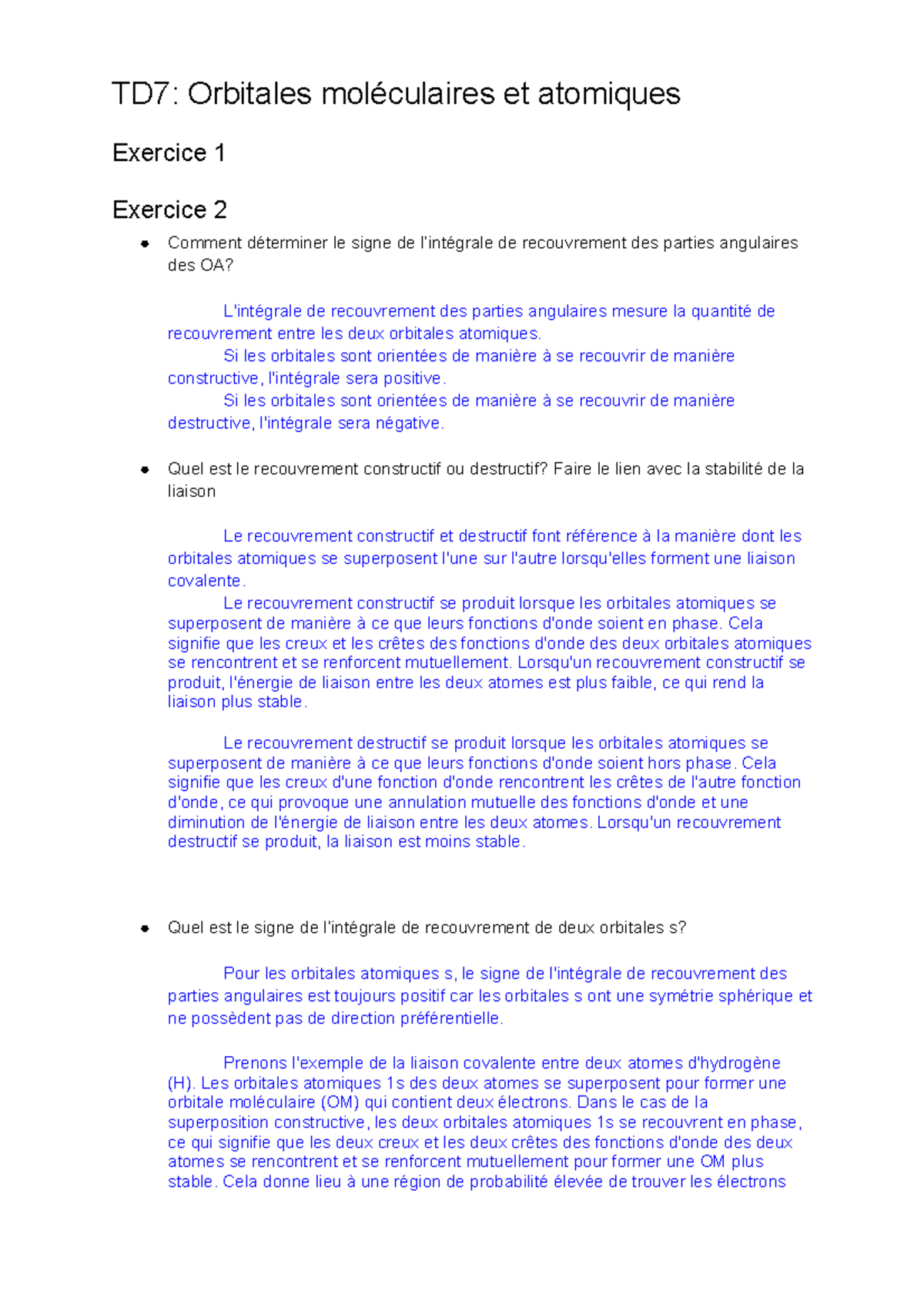 TD7: Étude des Orbitales Moléculaires et Atomiques - Studocu