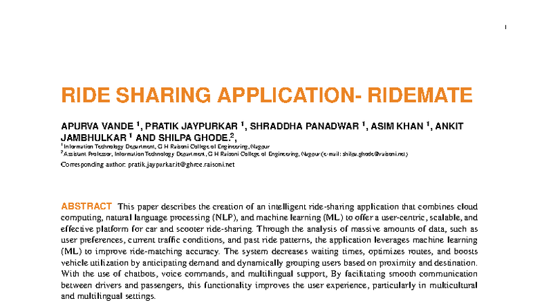 Intelligent Ride Sharing System: ML & Cloud Computing Integration - Studocu