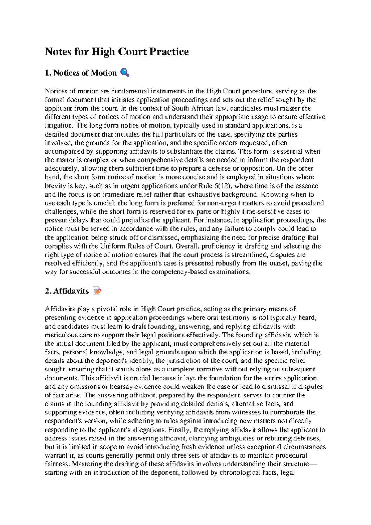 High Court Practice Notes: Notices of Motion, Affidavits & More - Studocu
