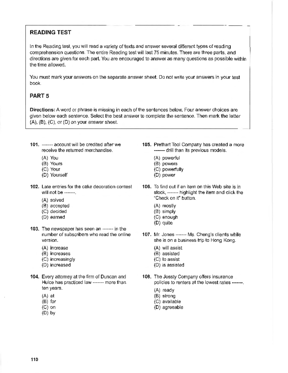 READING TEST: Comprehension Questions and Directions - Studocu