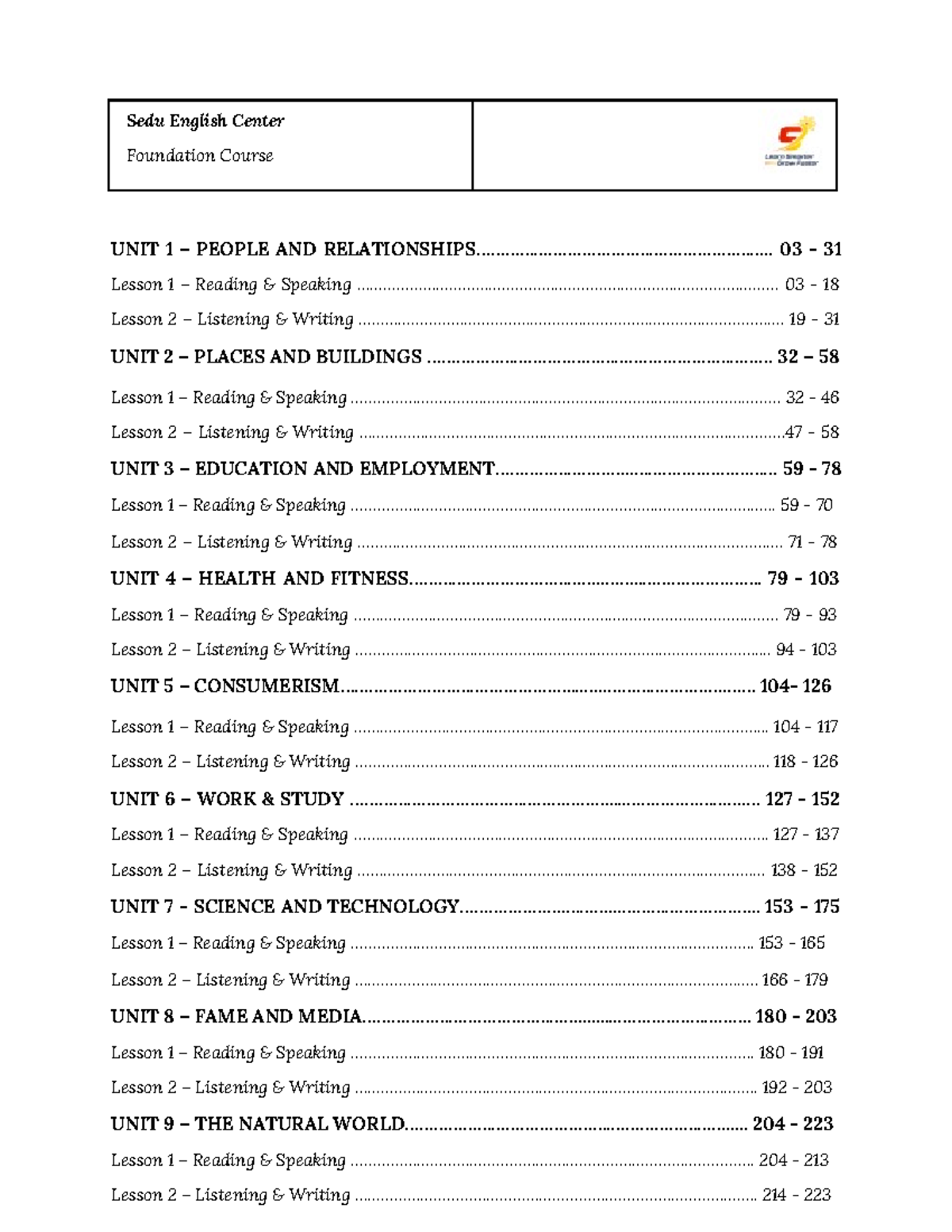 Sedu English Center Foundation Course: Unit Lessons Overview - Studocu
