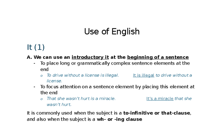 Use of English: Introductory 'It' Patterns and Usage - Studocu