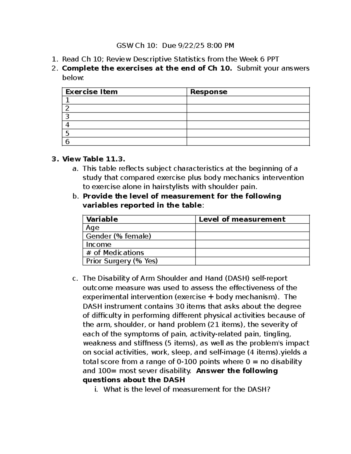 Descriptive Stats & DASH Assessment Exercises - GSW Ch 10 - Studocu