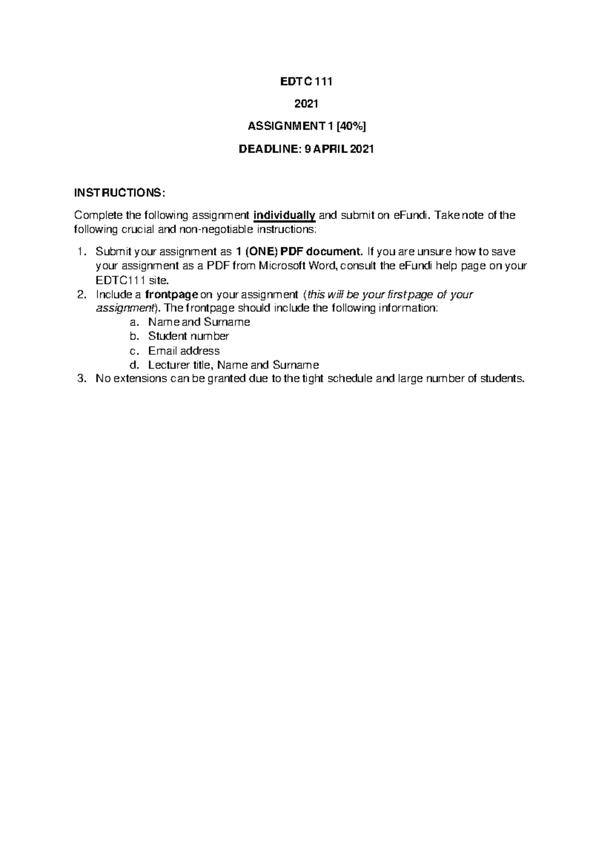 EDTC 111 Assignment 1 Guidelines and Instructions for Submission - Studocu