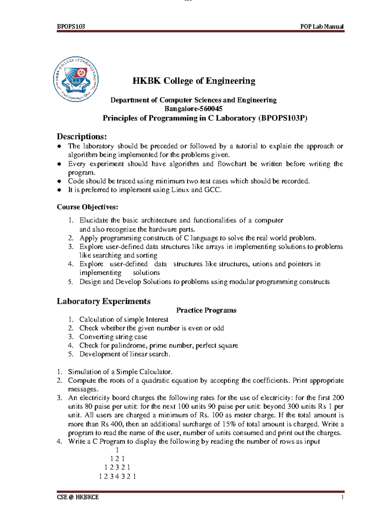 BPOPS103 C Programming Lab Manual - HKBK College of Engineering - Studocu