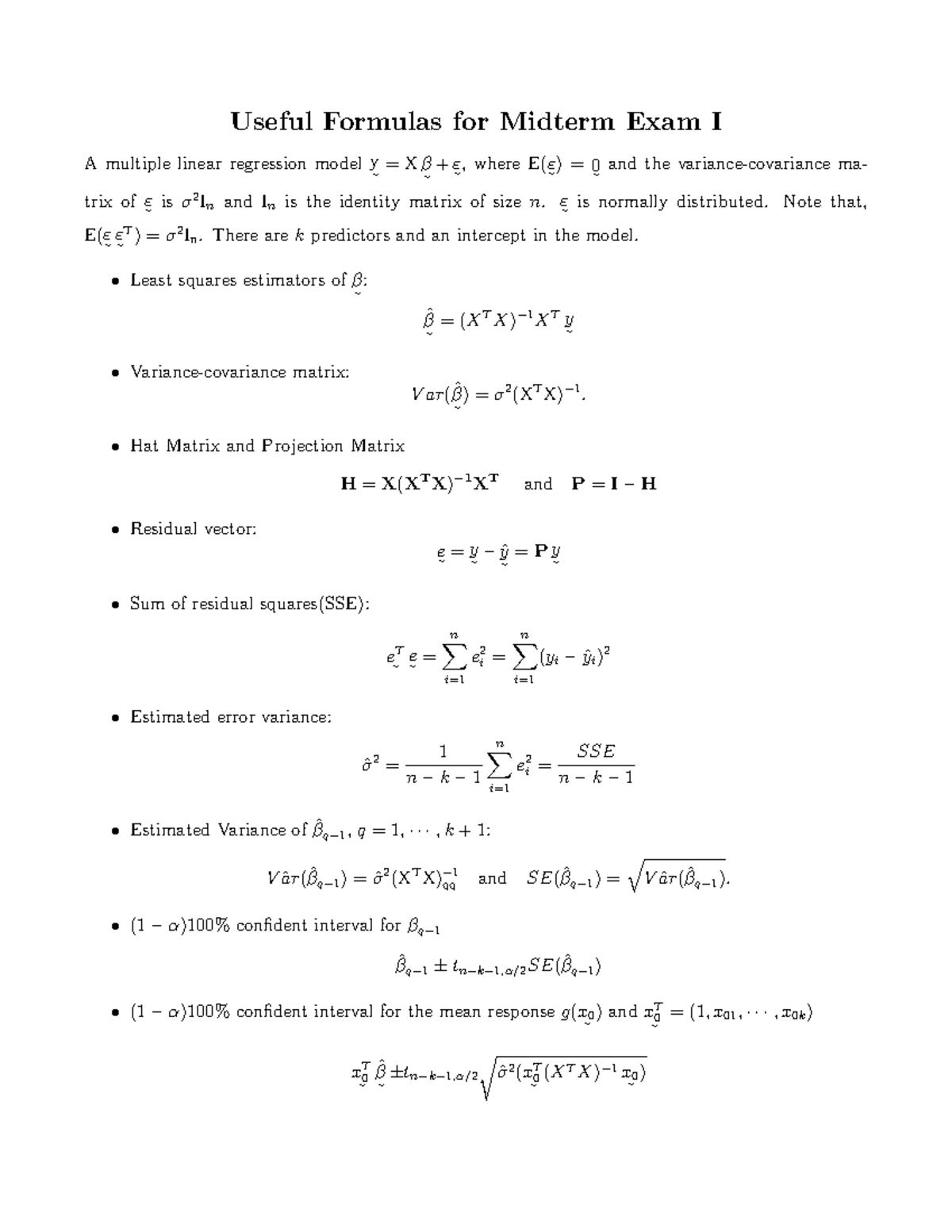 Useful Formulas for Midterm Exam I: Multiple Linear Regression - Studocu
