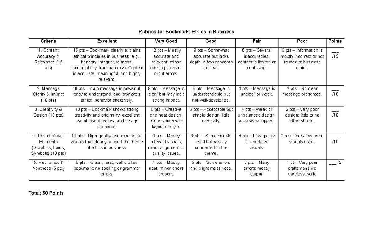 Rubrics for Bookmark: Business Ethics Evaluation Criteria - Studocu