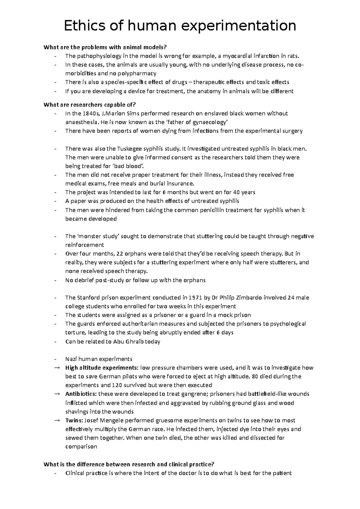 Ethics of Human Experimentation: Key Issues and Historical Cases - Studocu