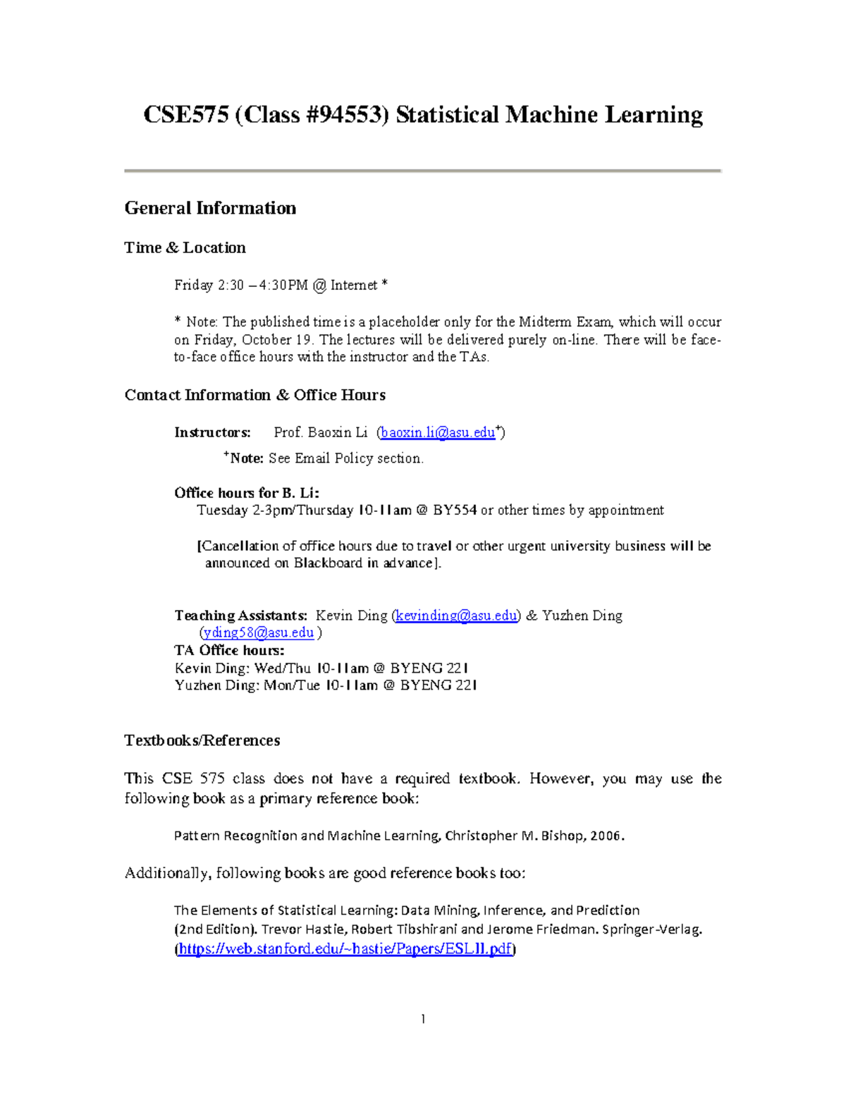 CSE575 F2019 Syllabus 1 - CSE 575 (Class #94553) Statistical Machine ...
