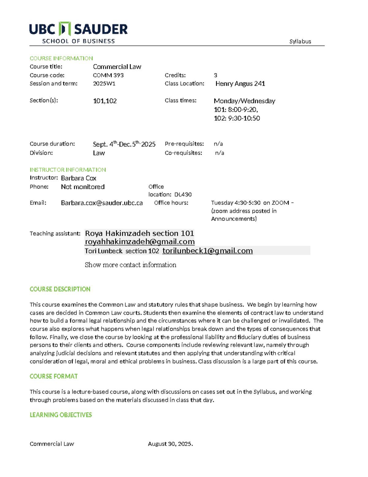 COMM 393 Syllabus: Commercial Law Course Outline for 2025W1 - Studocu