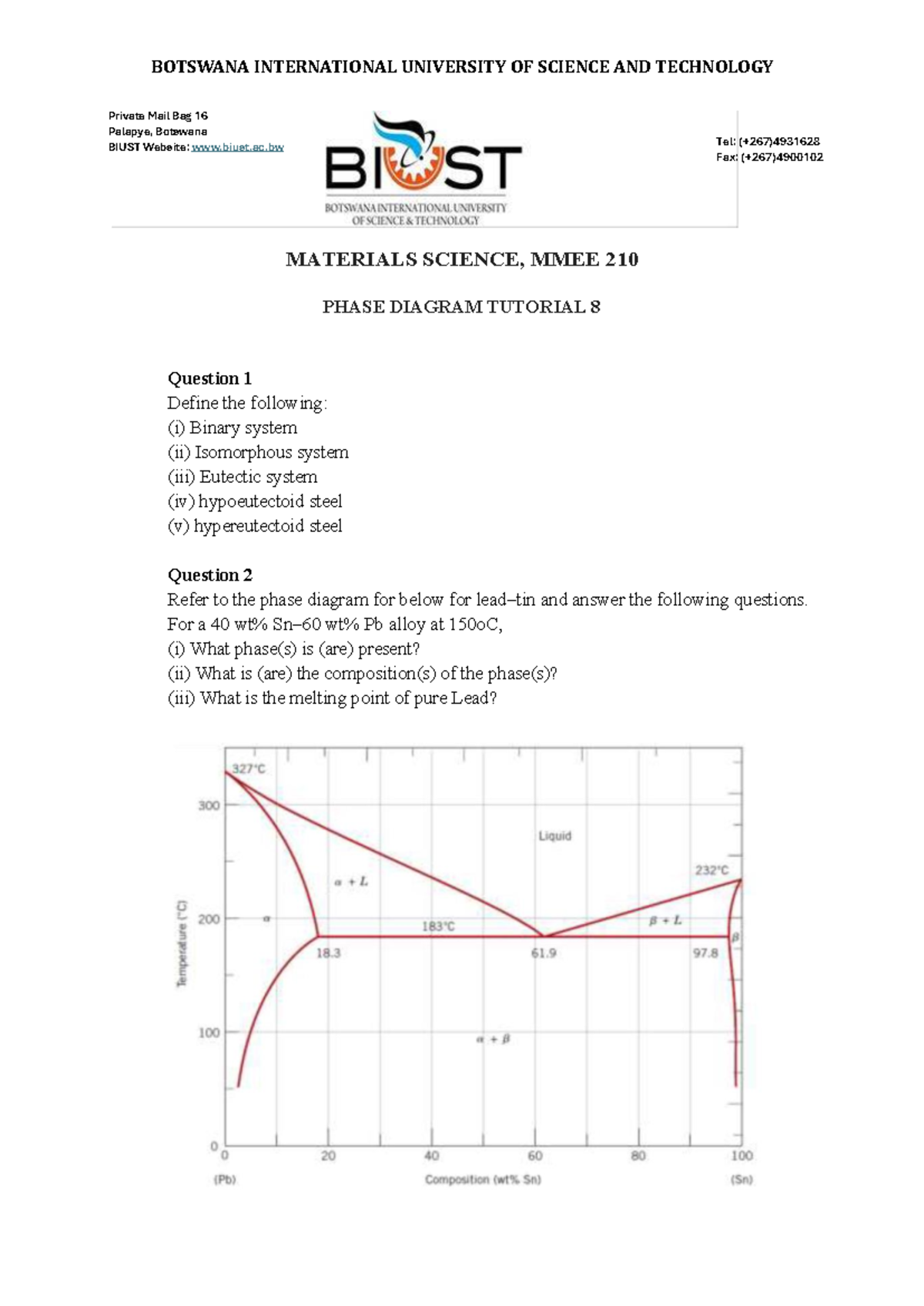 MMEE 210 Phase Diagram Tutorial 8: Binary & Eutectic Systems - Studocu