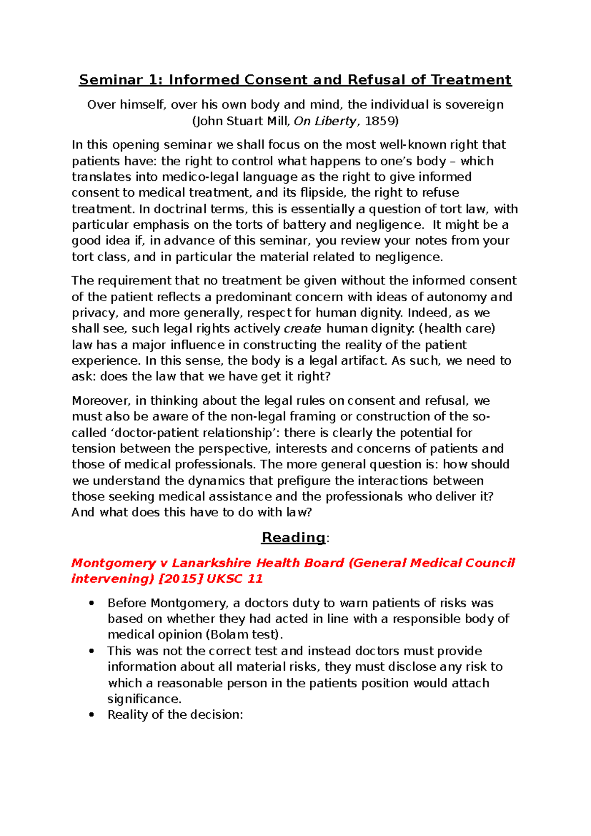 Seminar 1: Informed Consent and Patient Autonomy in Medical Treatment ...