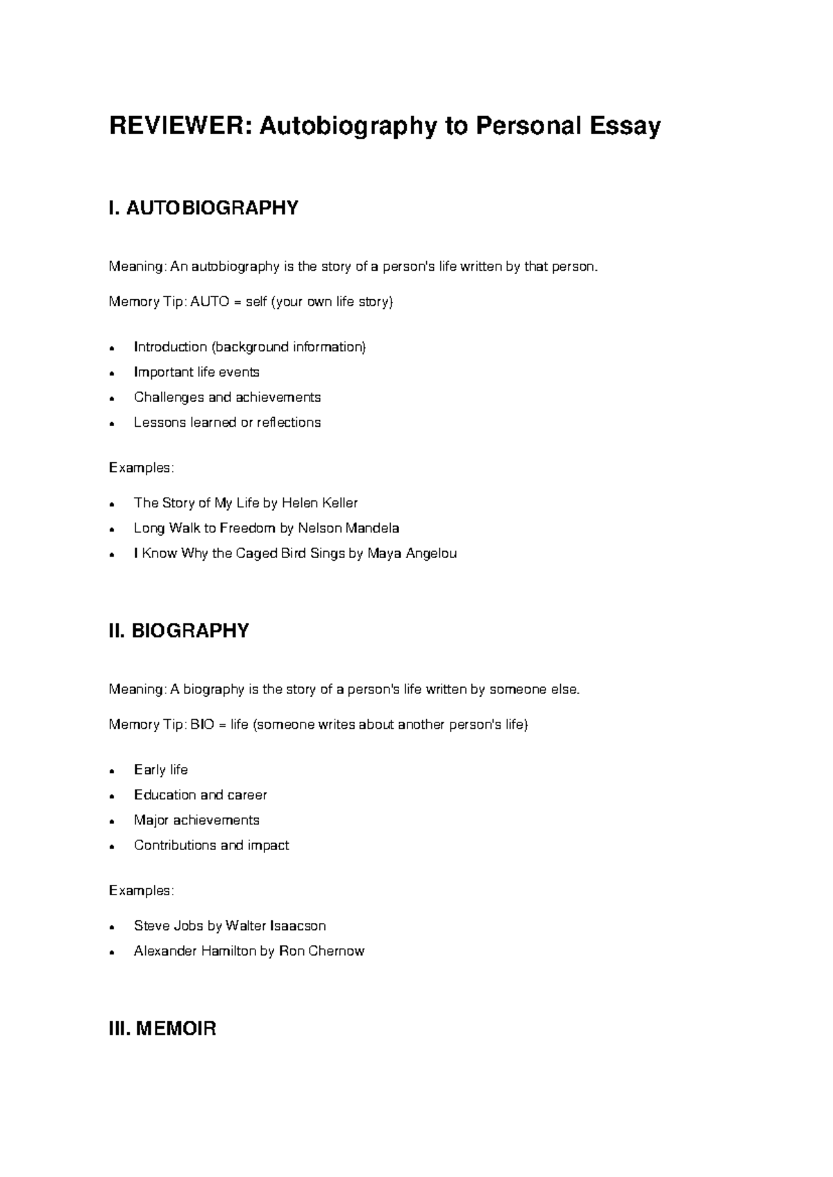 REVIEWER: Autobiography to Personal Essay I - Key Concepts and Examples ...