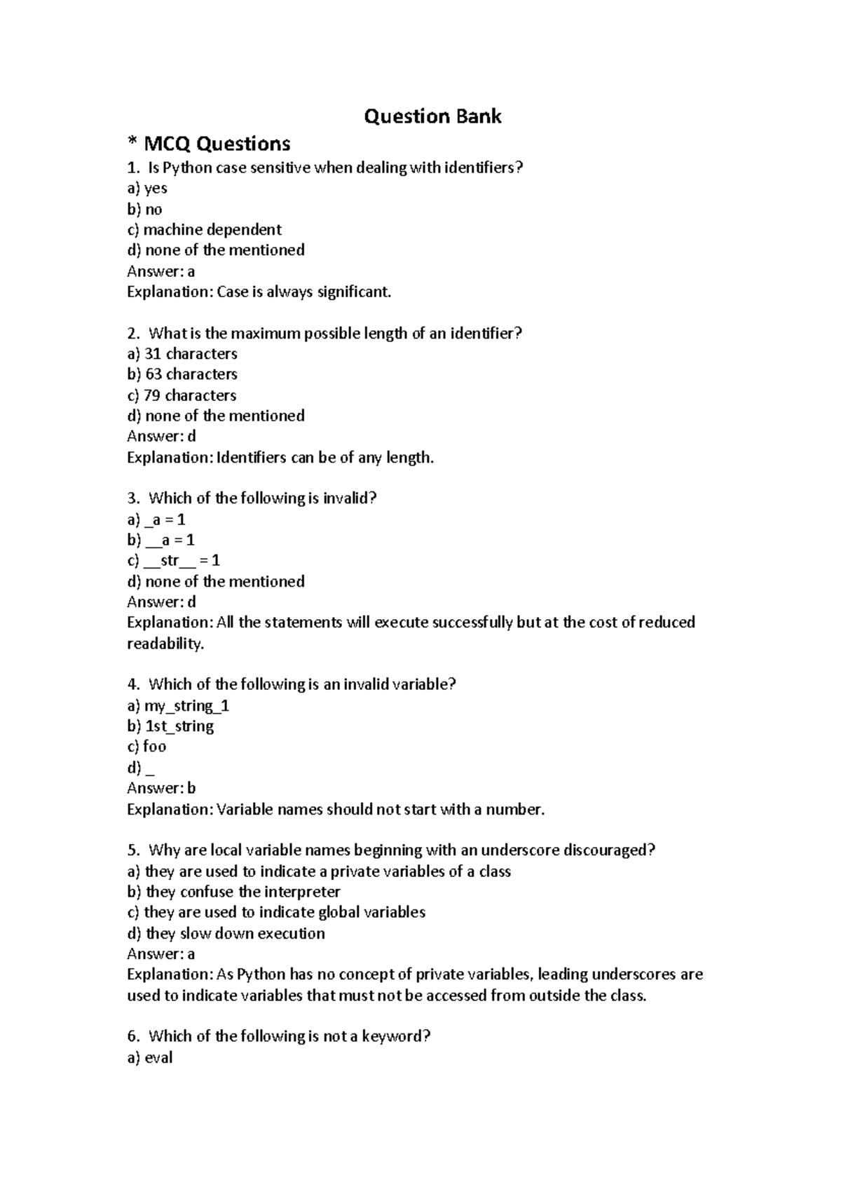 Python Question Bank Final - Question Bank * MCQ Questions Is Python ...