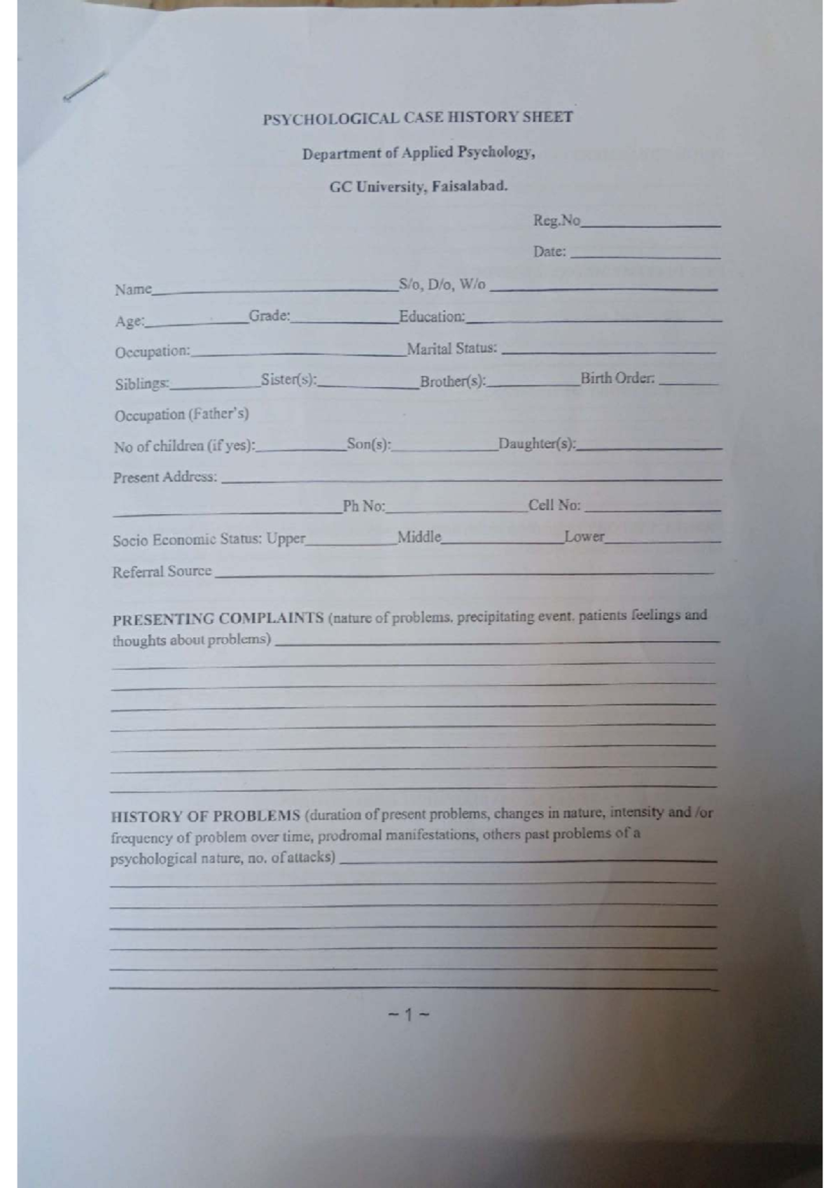 PSY 101: Psychological Case History Sheet for Assessment and Treatment ...