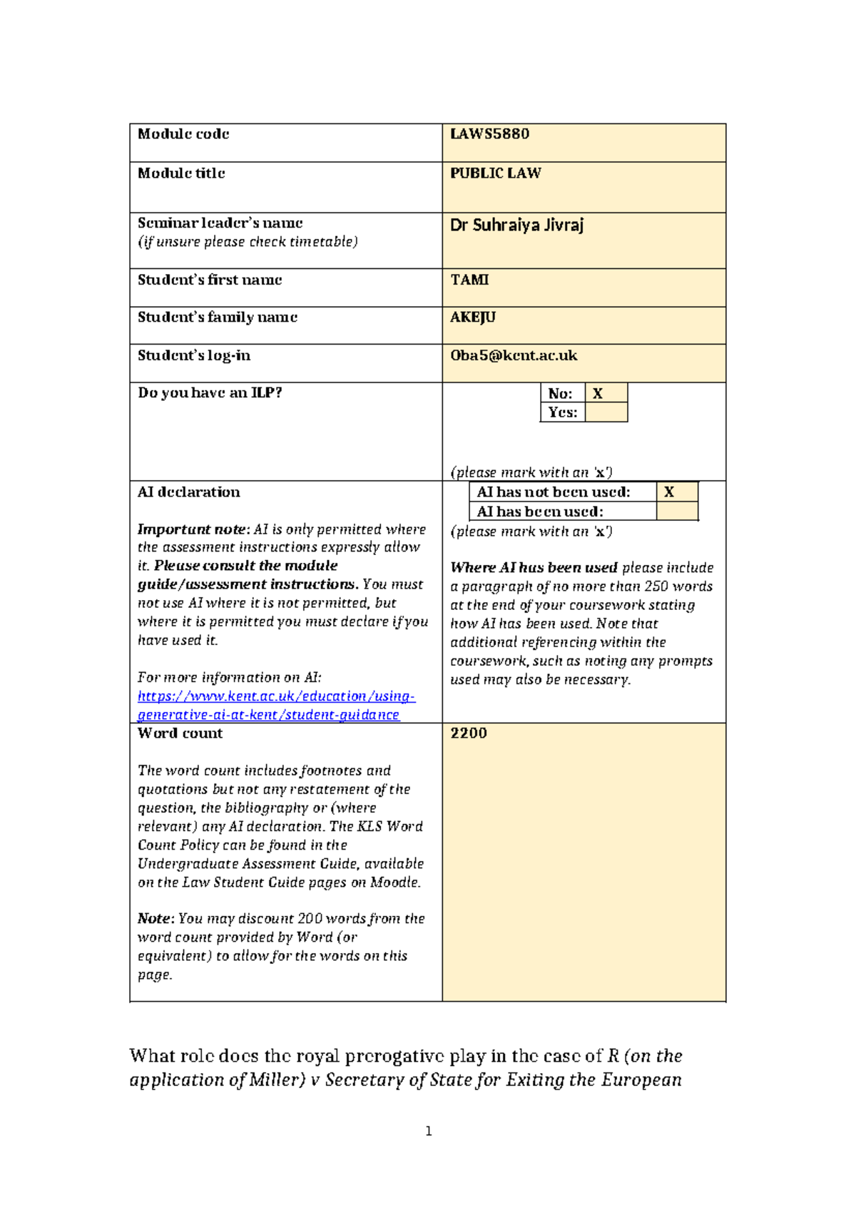 LAWS5880 Public Law Essay: The Royal Prerogative in Miller Case ...