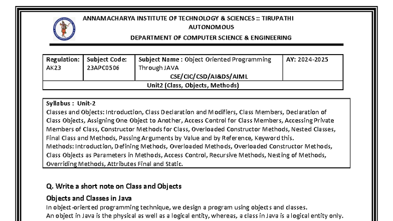 AK23 23APC0506 Object Oriented Programming: Classes, Objects & Methods ...