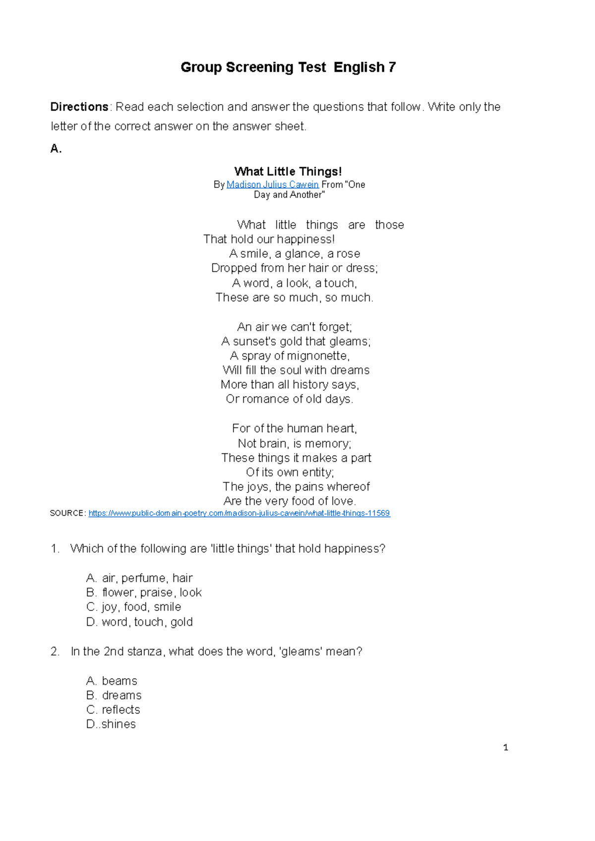 Group Screening Test (GST) English 7-10: Comprehension & Analysis - Studocu