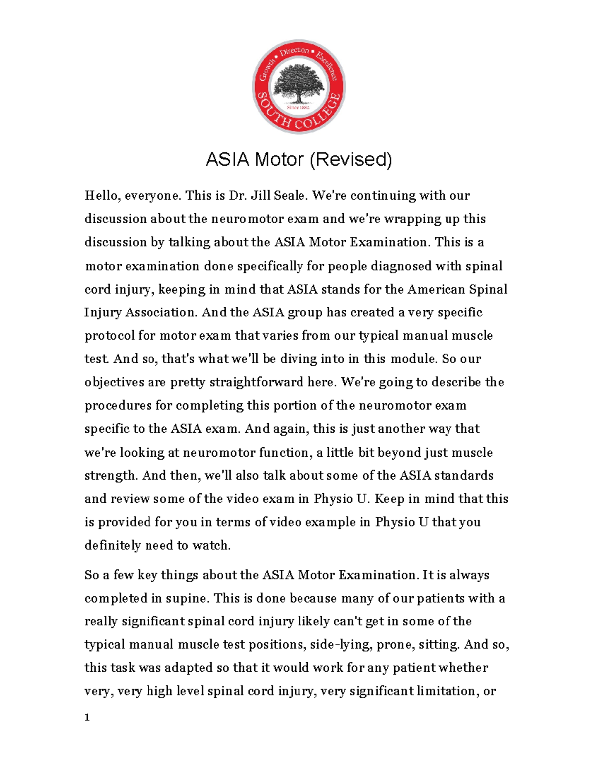 ASIA Motor Examination Protocol for Spinal Cord Injury Assessment - Studocu